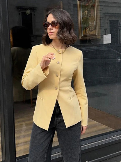Fashion Solid Office Coats Women Casual O Neck Long Sleeve Pockets Single Breasted Female Jackets 2024 Autumn Elegant Lady Tops