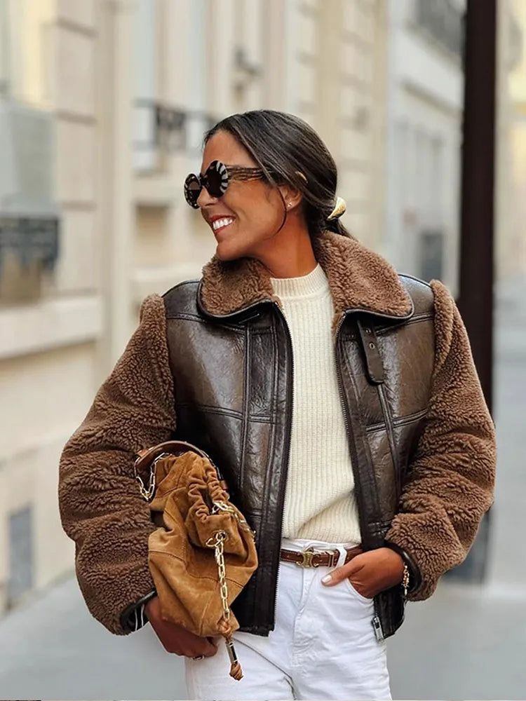 Vintage Zipper Patchwork Lamb Wool Leather Coats For Women Fashion Oversized Lapel Warm Jackets Lady High Street Outerwears