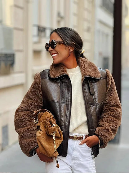 Vintage Zipper Patchwork Lamb Wool Leather Coats For Women Fashion Oversized Lapel Warm Jackets Lady High Street Outerwears