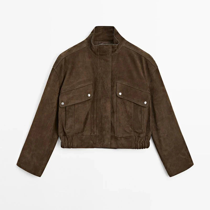 Zipper Suede Cargo Jacket Coat Button Lapel Maillard Slimming Workwear Leather Jackets Casual Short Outwear Commute Overcoat