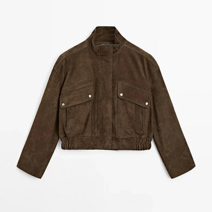 Zipper Suede Cargo Jacket Coat Button Lapel Maillard Slimming Workwear Leather Jackets Casual Short Outwear Commute Overcoat