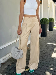 Spring Summer Casual Hidden Button Wide Leg Pant For Women Fashion Solid Color Office Lady Commuter Simple Straight Long Trouser