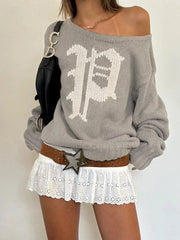 Vintage Off Shoulder Printed Letter Sweater Loose Chic Y2k Aesthetic Slash Neck Pullover Harajuku Long Sleeve Knitwear
