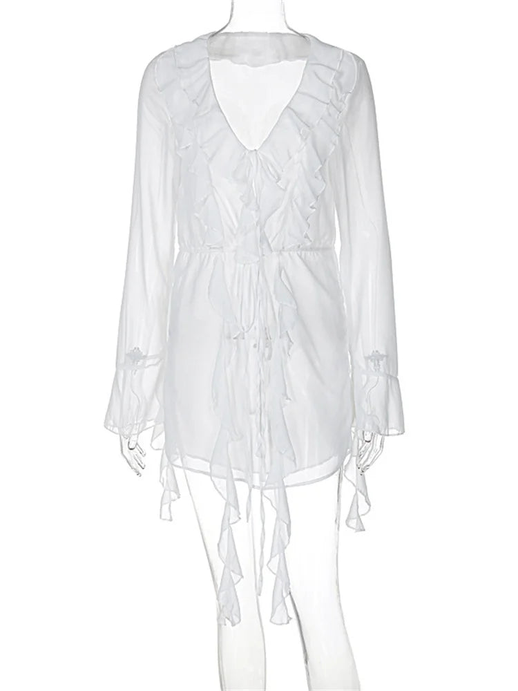 White Ruffled Sexy Mini Dress Women's Lace-Up See-Through Long Sleeve Fashion V-Neck Party Dress Female Bandage Mini Dress
