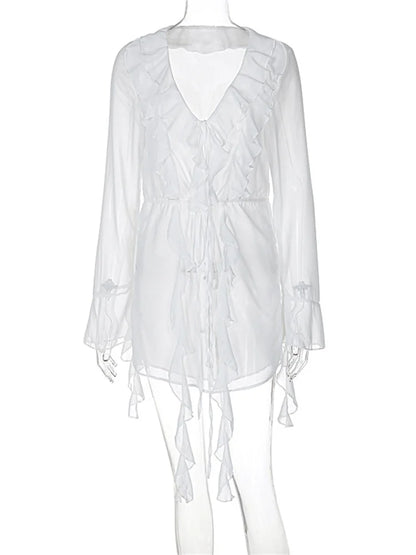 White Ruffled Sexy Mini Dress Women's Lace-Up See-Through Long Sleeve Fashion V-Neck Party Dress Female Bandage Mini Dress