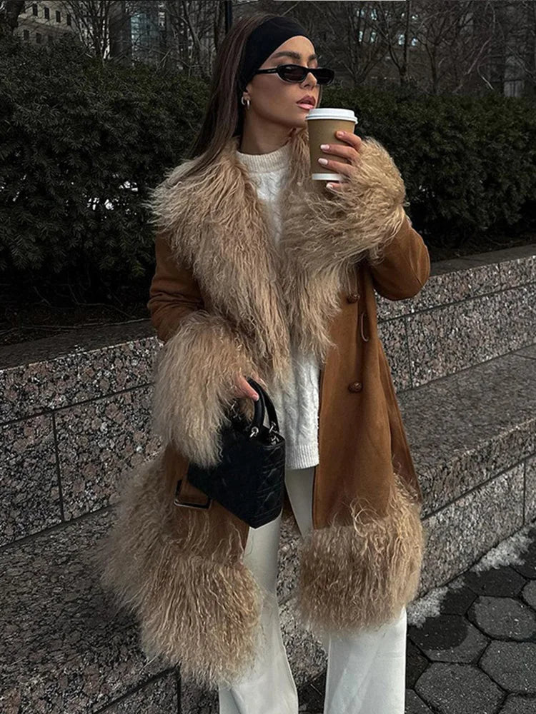 Suede And Fur Luxury Coat Women Plush Double Breasted Chic Turn-down Collar Belts Thick Outerwear Vintage Warm Feather Overcoat