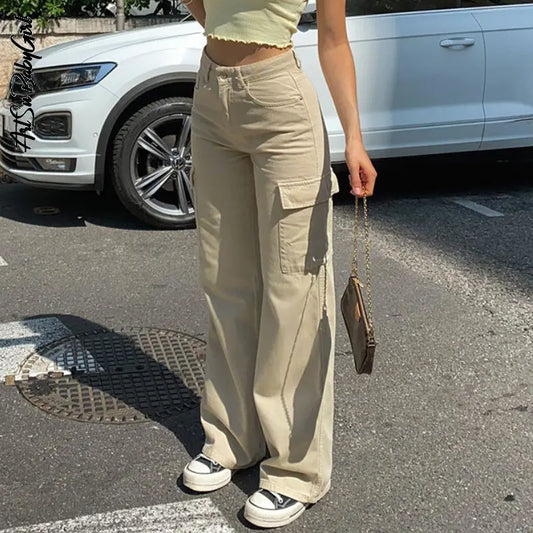 Y2k Cargo Pants Baggy Wide Leg Trousers Women Streetwear Fashion Apricot Straight Jeans Pocket Loose High Waisted Jeans Trousers