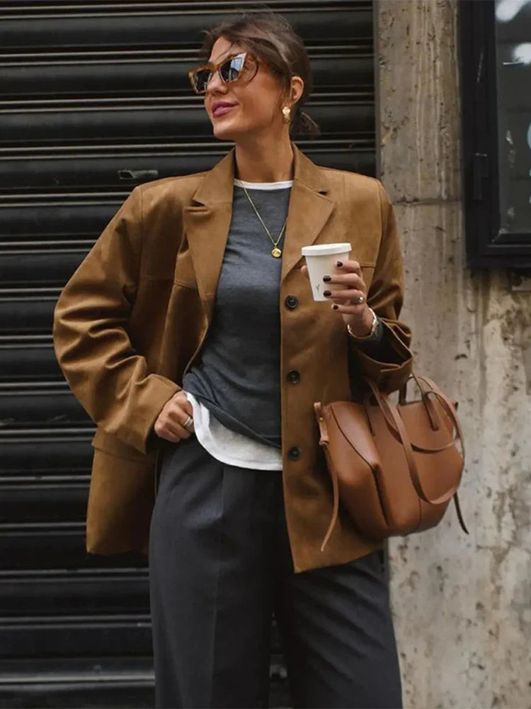 Casual Brown Cropped Lapel Women's Jacket Fashion Single Breasted Long Sleeve Loose Coat New Winter Chic Female Streetwear