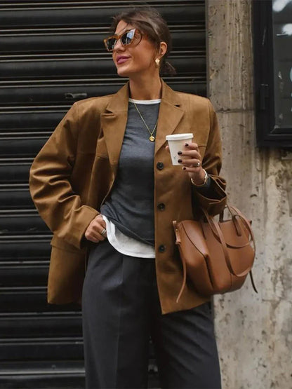 Casual Brown Cropped Lapel Women's Jacket Fashion Single Breasted Long Sleeve Loose Coat New Winter Chic Female Streetwear