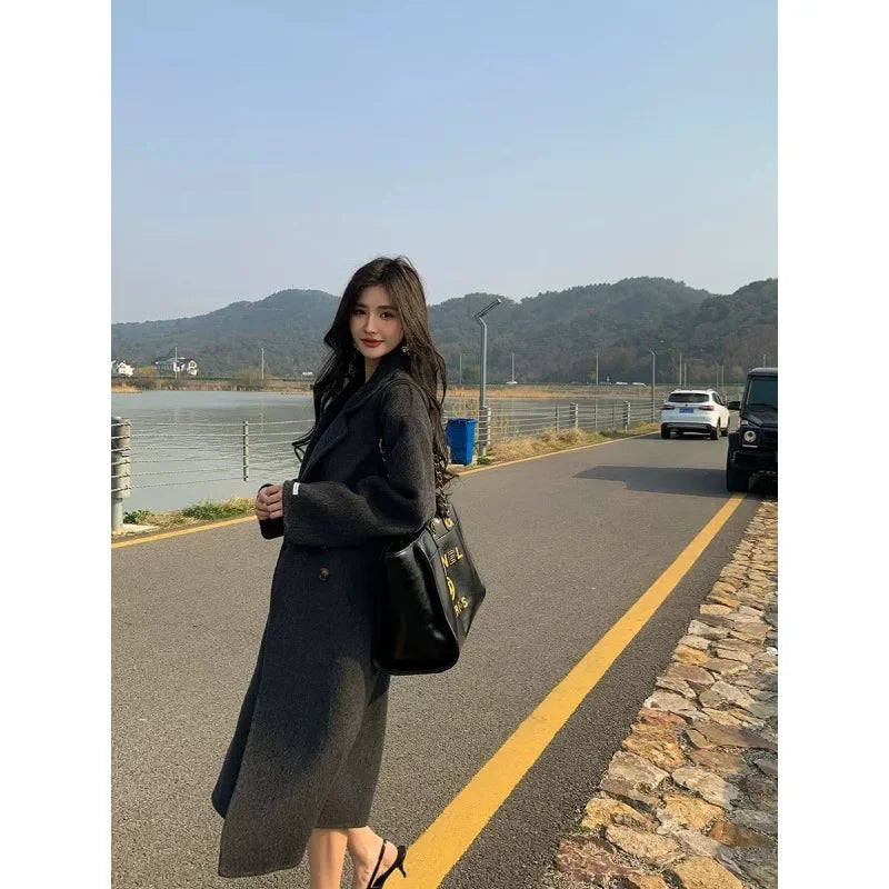 new Women Wool Blend Coat Solid Mid Long Woolen Blazer Thick Warm Blouse Women's Overcoat Office Lady Tops Autumn Winter