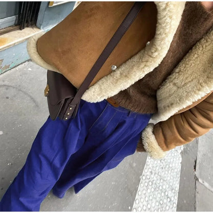 Wide Leg Fashion Pleated Pants For Women Loose High Waist Straight Striped Blue Street Pants Female 2025 Spring Street Trousers