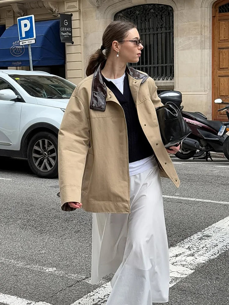 Leather Collar Cargo Jacket Button Down Plaid Pattern Patchwork Jackets Vintage Contrast Color Trench Coat Loose Casual Outwear