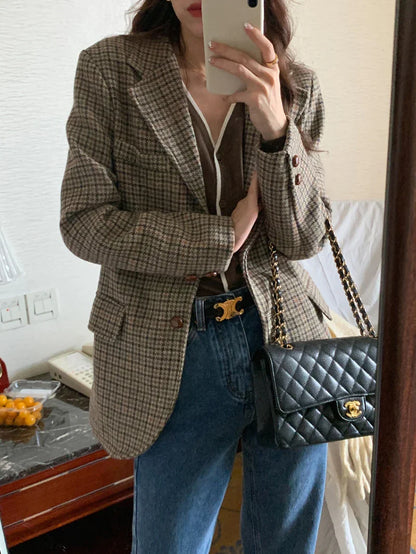 Vintage Wool Blends Coats Women Plaid Woolen Jacket Elegant Commute Blazer Korean Long Sleeve Outerwears Winter Ladies Overcoat