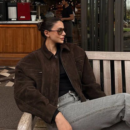 Elegant Camel Cropped Suede Jacket Women Lapel Full Sleeve Pocket Zipper Short Coat New Causal Autumn Lady Daily Streetwear 2025