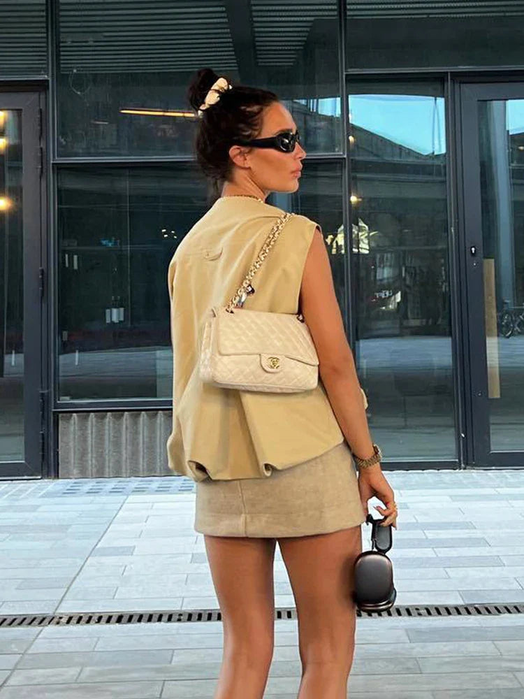 Padded Beige Waistcoat Folds Winter Sleeveless Vest Coat Turtleneck Pockets Zipper Autumn Thick Warm Parka Jacket