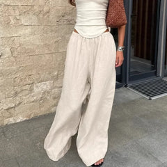 Cotton Linen Wide Leg Pants Women Fashion Elastic High Waist Pockets Casual Loose Trousers Streetwear Summer Vacation Bottoms