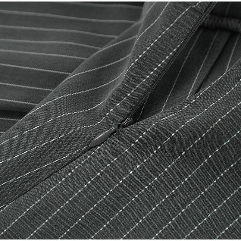 Women Striped Skirt Set Stand Collar Single Breasted Top High Waist Pleated Skirts 2024 Summer Fall New Fashion Lady Office Suit