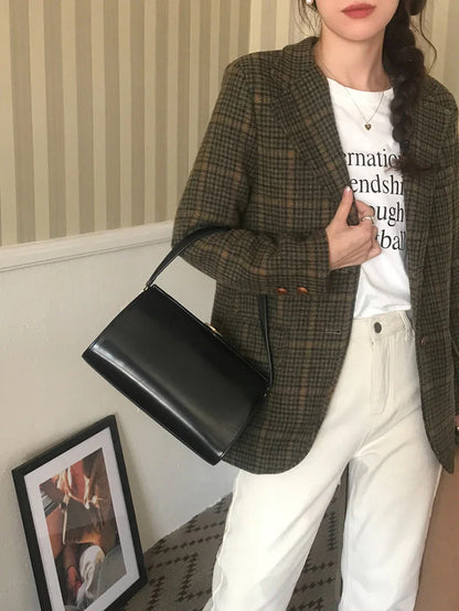 Vintage Wool Blends Coats Women Plaid Woolen Jacket Elegant Commute Blazer Korean Long Sleeve Outerwears Winter Ladies Overcoat