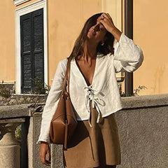 Lace Up Top Summer Quick Drying V Neck Shirt Sexy Bow Flared Sleeves Hollow Out Long Shirt Spring Autumn Women Clothing
