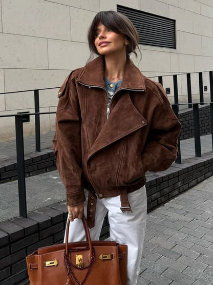 Fashion Brown Maillard Lapel Suede Leather Jackets For Women Casual Long Sleeve Zipper Pockets Coats Lady High Streetwear