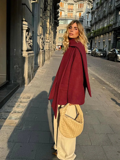 Causal Burgundy Women Autumn Full Sleeve Woolen Coat With Scarf Fashion Solid Single Breasted Jacket Female New Chic Office Wear