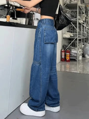 Blue Jeans Women Y2K Hip Hop Fashion Vintage High Waisted Cargo Jeans Streetwear Casual Loose Large Size Wide Leg Denim Pants