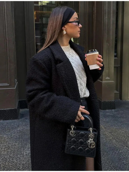 Thicken Warm Outwear Women Furry Double Breasted Loose Turn-down Collar Casual Long Coat Female Winter Chic Jackets