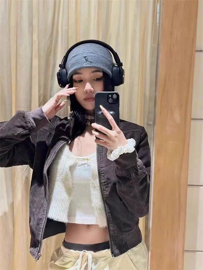 Casual Women Jacket Autumn Fashion Ladies Vintage Brown Corduroy Short Comfortable Zipper Jacket For Women's Chic Tops