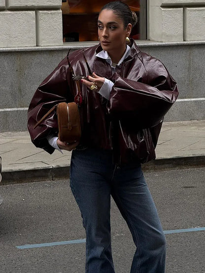 Lady Retro Solid Color Stand Up Collar Pilot Jacket Fashion New Long Sleeved Zipper Jackets High Street Women Commuter Coat