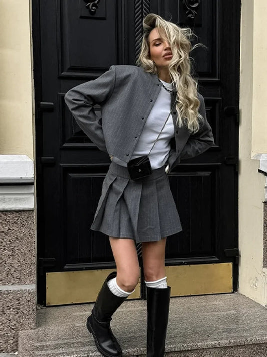 Women Striped Skirt Set Stand Collar Single Breasted Top High Waist Pleated Skirts 2024 Summer Fall New Fashion Lady Office Suit