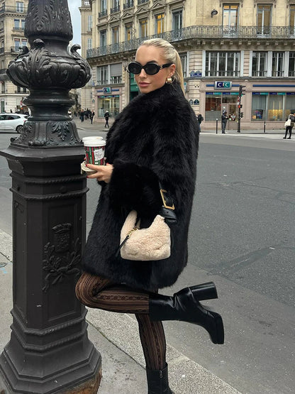 Lapels Faux Fur Coat Women Winter Brand Designer Fluffy Fox Fur Jacket Luxury Furry Overcoats Girl Stylish Long Outerwear