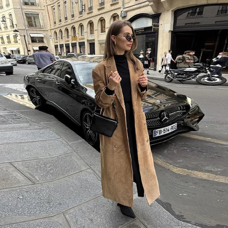 Casual Solid Long Women Streetwear Long Sleeve Turn-down Collar Double Breasted Female Coat 2025 Autumn Fashion Lady Jacket New