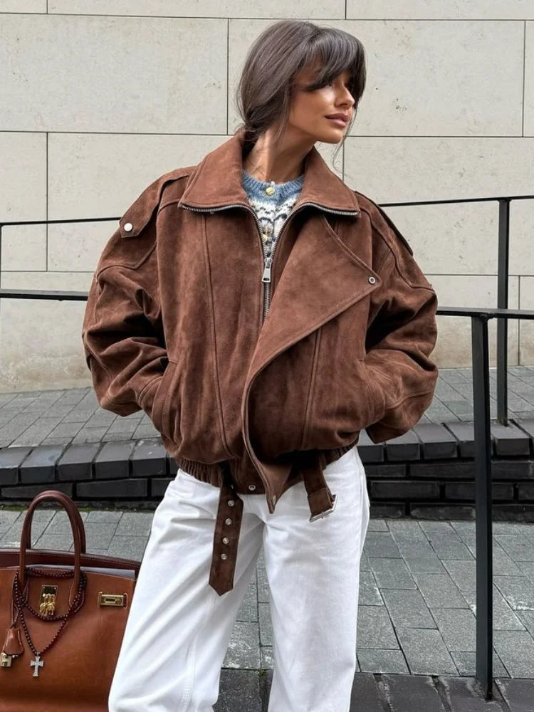 Fashion Brown Maillard Lapel Suede Leather Jackets For Women Casual Long Sleeve Zipper Pockets Coats Lady High Streetwear