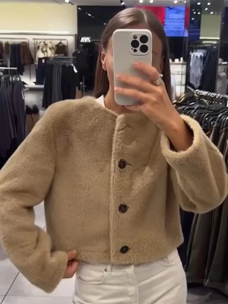 Faux Fur Short Jackets Women Casual Loose Round Neck Single Breasted Coats Female Winter Solid Warm Long Sleeves Outwears