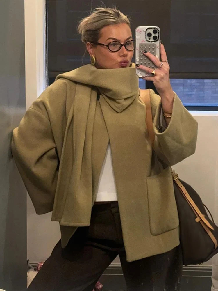 Woolen Scarf Collar Casual Coat Women Single Breasted Elegant Thicken Warm Pocket Loose Solid Jacket Winter Long Sleeve Outwear