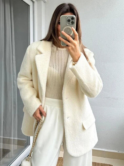 Furry Woolen Oversize Blazer Coat Women Turn-down Collar Button Up Thicken Warm Outwear Winter Long Sleeve Jacket Tops