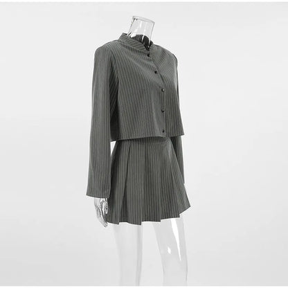 Women Striped Skirt Set Stand Collar Single Breasted Top High Waist Pleated Skirts 2024 Summer Fall New Fashion Lady Office Suit