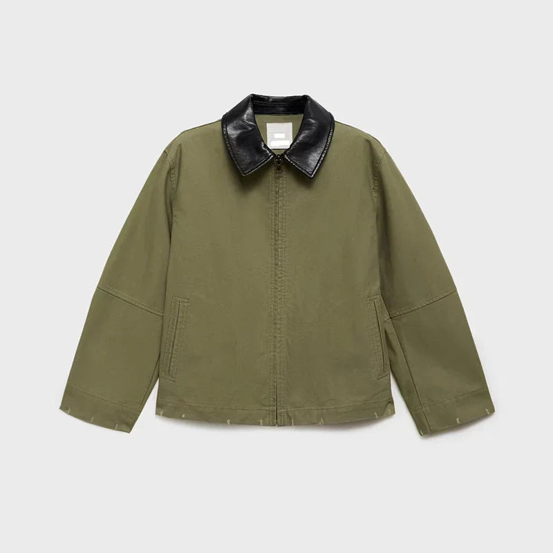 Leather Collar Cargo Jacket Coat Color Patchwork Lapel Button Zipper Pocket Workwear Outwear Loose Casual Minimalist Outwear Top