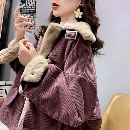 Plush Jacket Color Block Zipper Women'S Cotton Jacket Thickened Winter Warm Solid Color Jacket Long Sleeve Retro Jacket