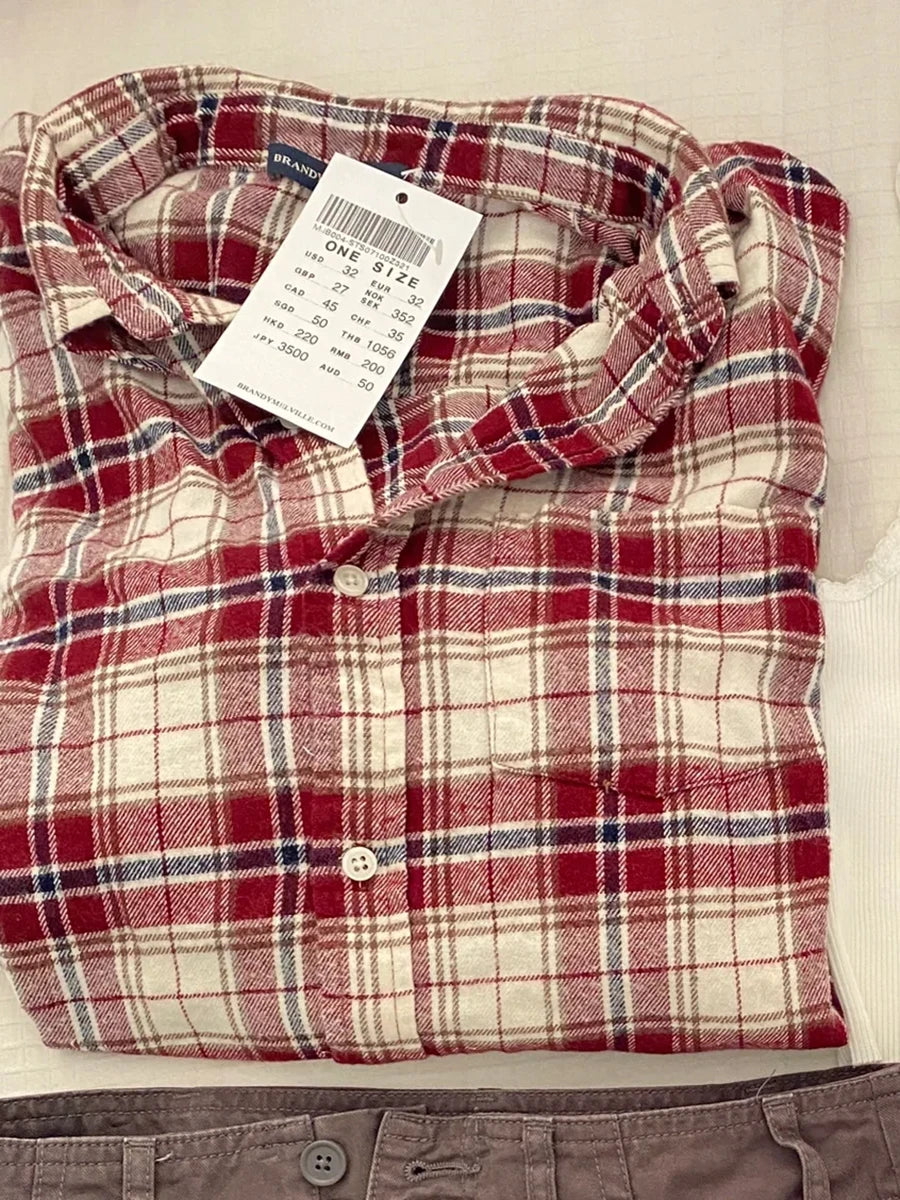 Vintage Red Plaid Button Blouse Top Autumn Cotton Turn Down Collar Casual Long Sleeve Shirt Streetwear Loose Y2K Tees Coat Women