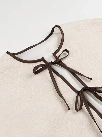 Elegant Women's Lamb Wool Cropped Cardigans Round Neck Lace-Up Long Sleeve Pocket Short Jackets 2024 Autumn New In Outerwears