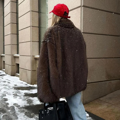 Furffy Thicken Jackets Women Faux Fur Loose Lapel Long Sleeves Warm Coats Female Winter Fashion Solid Soft Outwears Lady