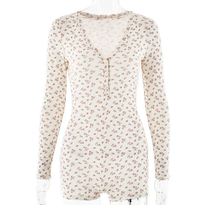 Fashion Print Playsuits Sexy Long Sleeve Low Chest V Neck Button Half Cardigan High Waist Straight Pants Playsuit