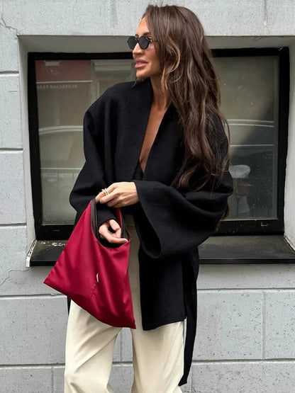 New Women's Black Lace Up Overcoats Autumn Chic Office Jackets Slim Fit Pleated Coat Elegant V-neck Commute For Lady Coats