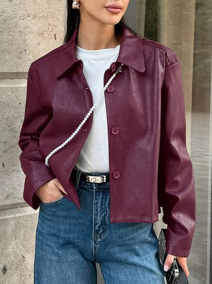 Burgundy Faux Leather Jackets Women Moto Biker Lapel Zipper Long Sleeve Female Coats 2025 Spring Casual Lady Street Outwear
