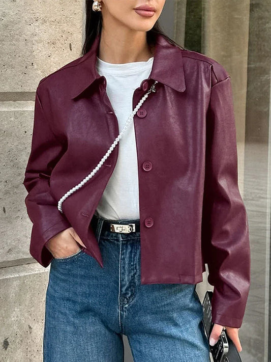 Burgundy Faux Leather Jackets Women Moto Biker Lapel Zipper Long Sleeve Female Coats 2025 Spring Casual Lady Street Outwear