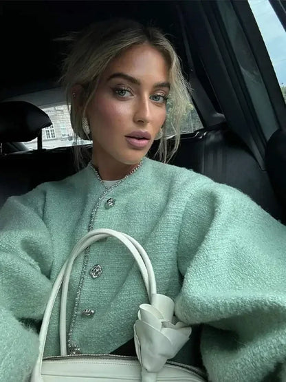 Fashion Oversize O-neck Solid Cropped Coat Women Single Breasted Long Sleeves Casual Jacket Autumn Lady Street Commute Outerwear