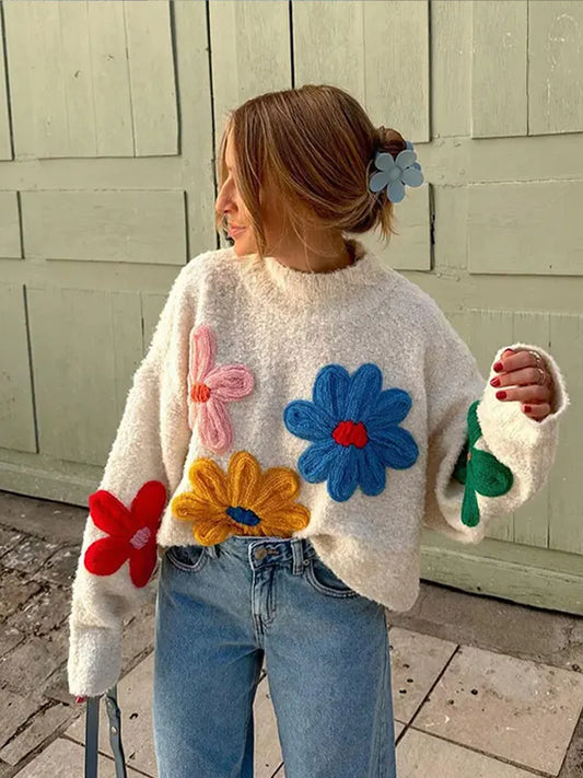 Autumn Knitted Women Sweater Sweet Flower Loose Long Sleeve O-neck Female Pullovers 2025 New Casual Loose Ladies Tops Streetwear