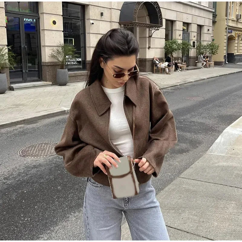 Vintage Solid Lapel Short Jacket Women Loose Long Sleeve Zipper Crop Coats Autumn New Lady Casual High Street Outwears