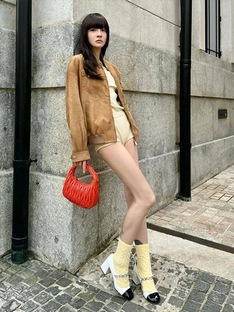 Women Patchwork Suede Jackets Long Sleeve Pocket Zipped Stand Coats 2024 Autumn Winter New Fashion Commuting Top Outerwears